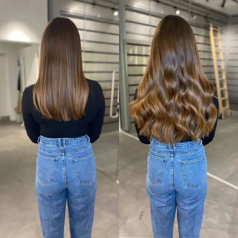 long golden brown brunette hair extensions before and after vixen and blush london 768x768