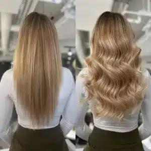 before and after long blonde hair extensions highlights lowlights multi colour vixen and blush salon london 768x768