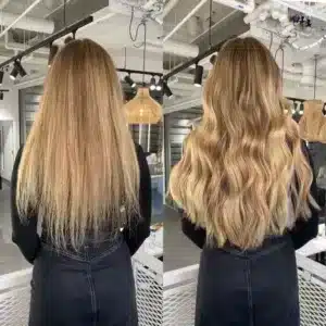 before and after long blonde hair extensions highlights lowlights multi colour vixen and blush salon london volume thick 768x768