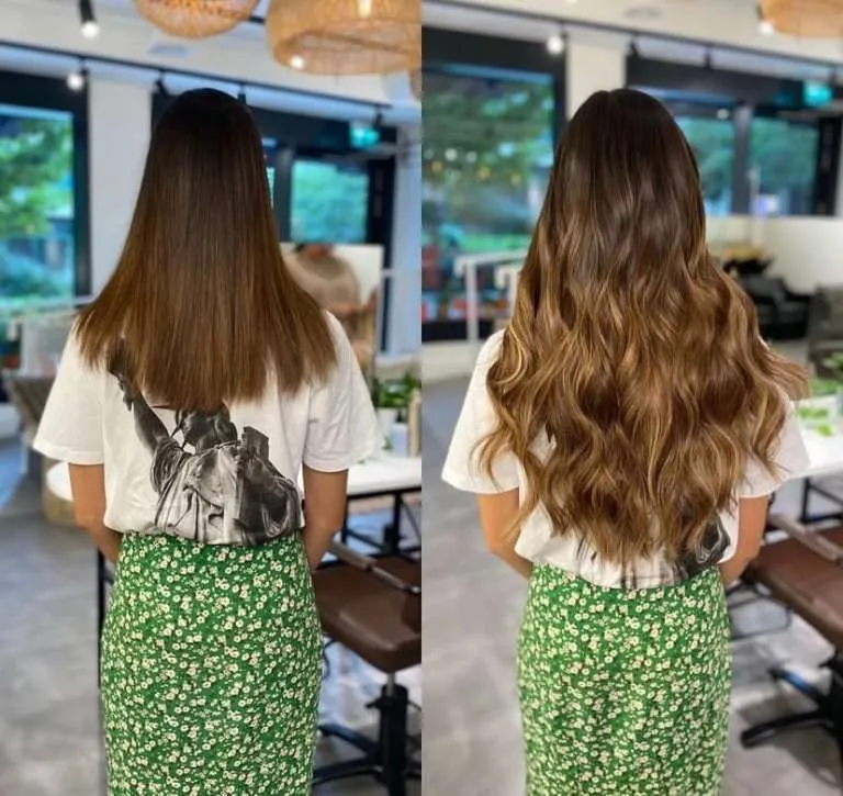 dark to warm brown balayage ombre hair extensions extra long volume before and after transformation london vixen and blush 768x725