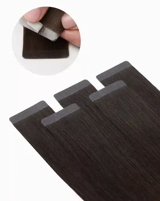 A display of various tape-in hair extension types