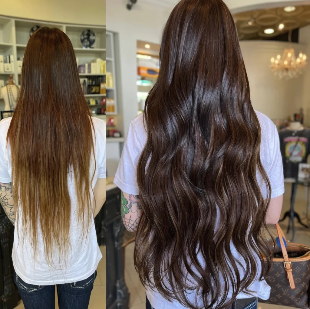 before and after of 26 inch handtied weft extensions