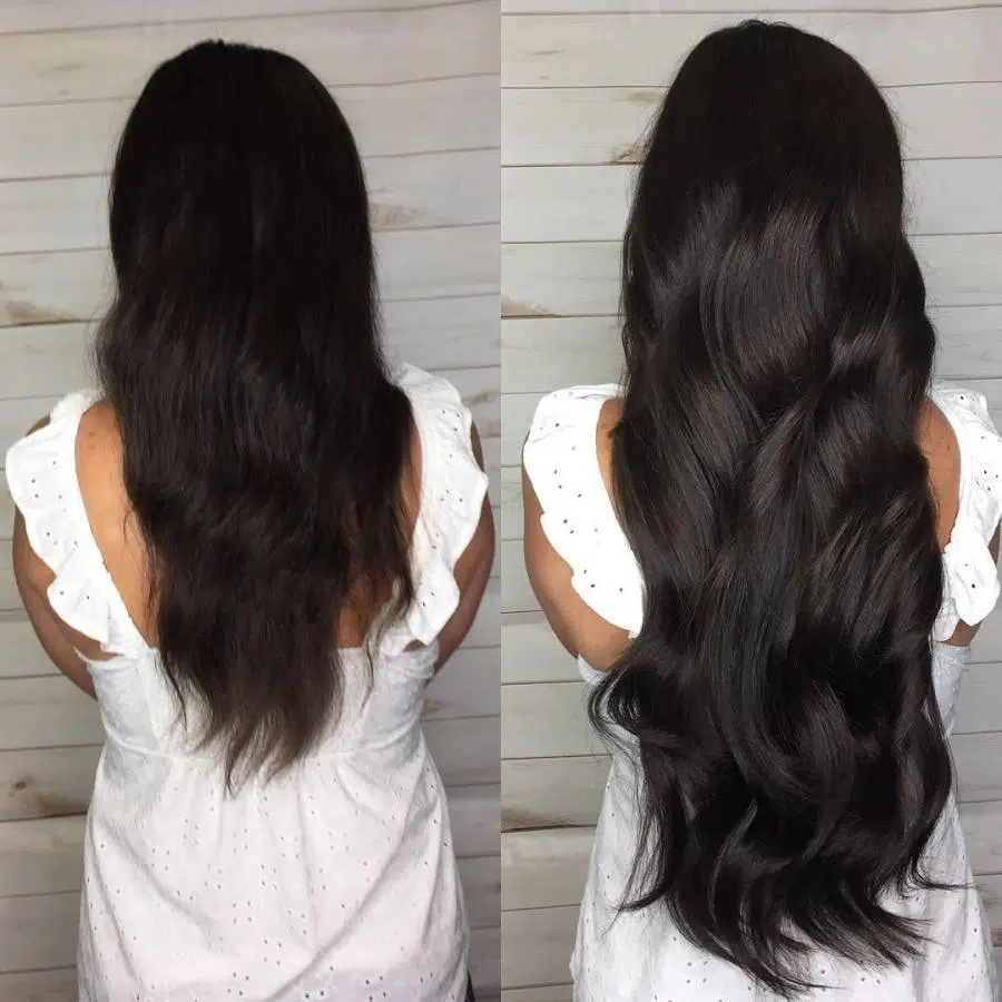 before and after of 30 inch handtied weft extensions .