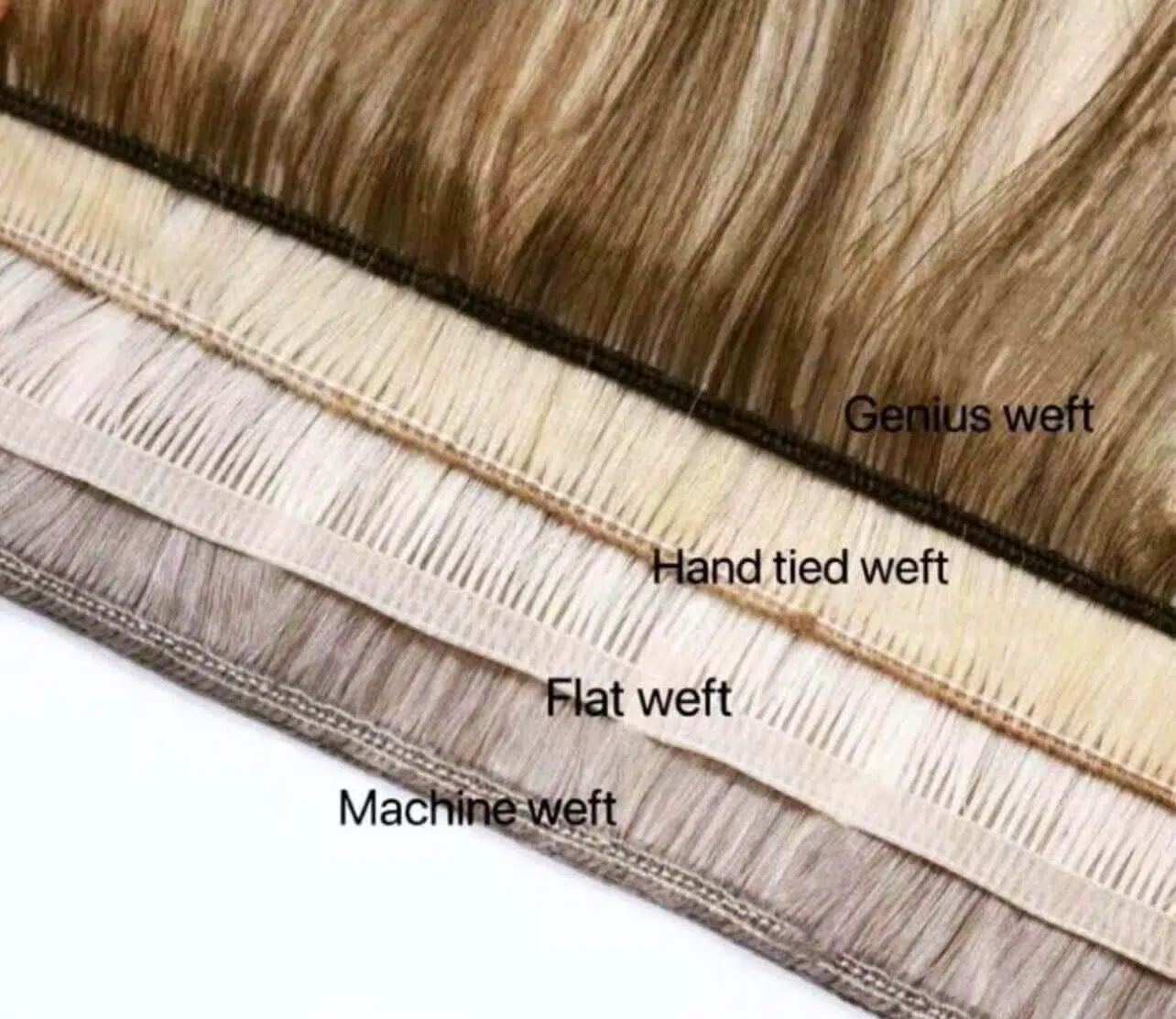 Types of hair for wefts Various types of hair wefts laid out