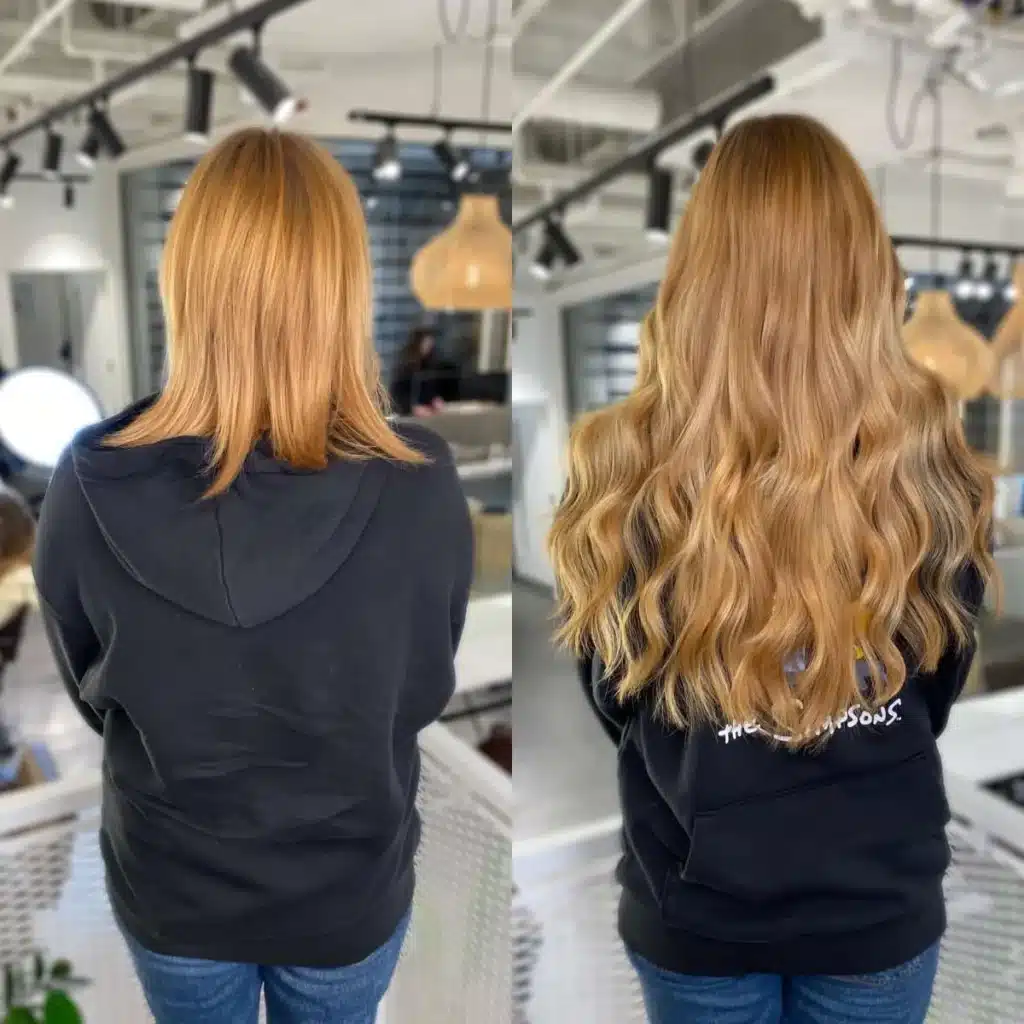 Hand tied weft hair extension before and after result