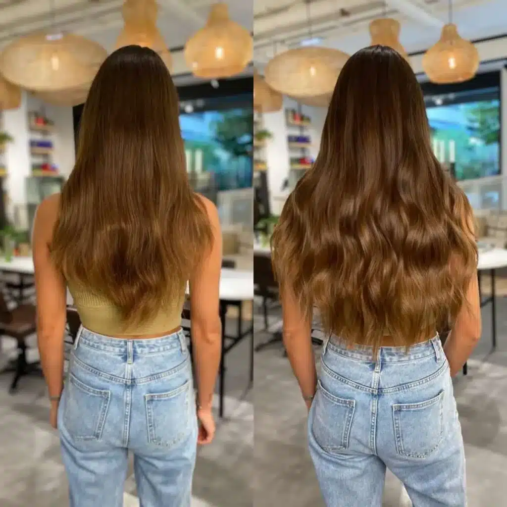 before and after of Dark Brown Tape Extensions