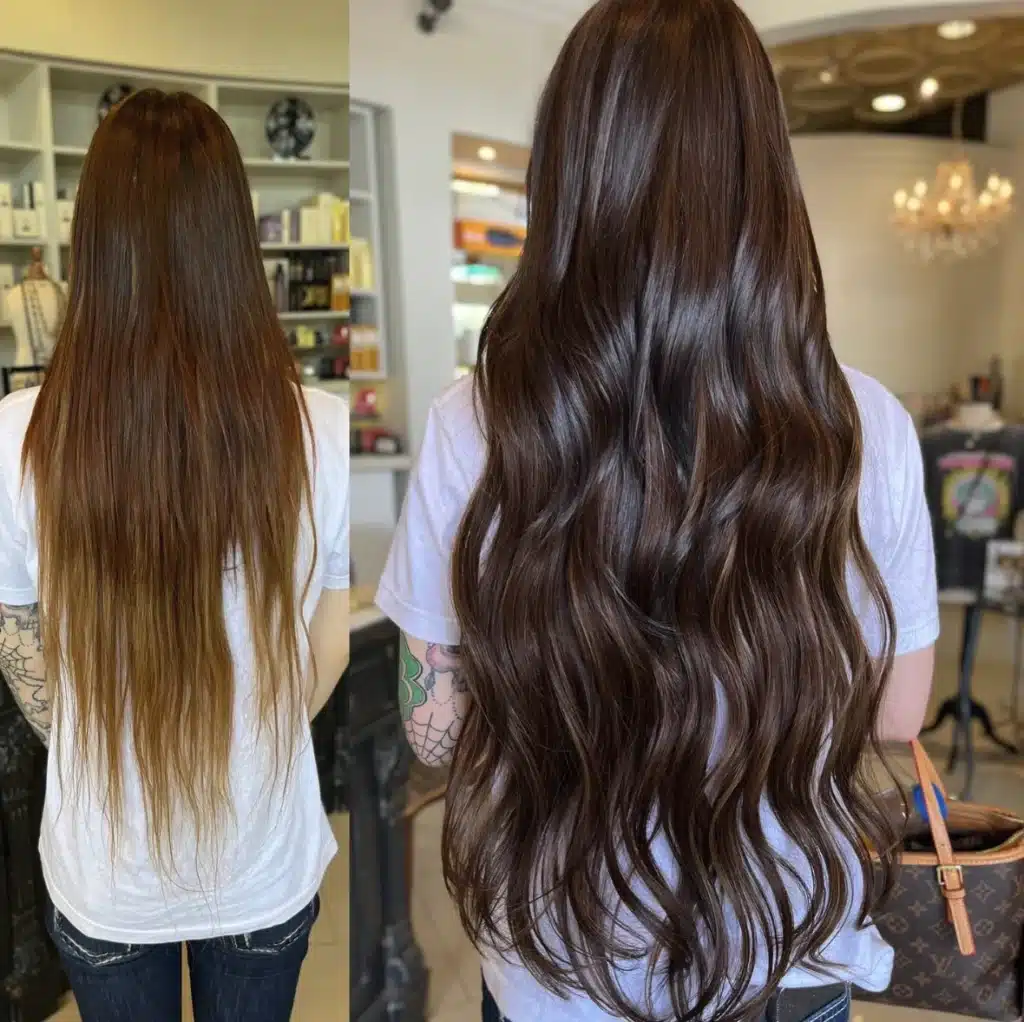 before and after of Dark Brown Tape Extensions