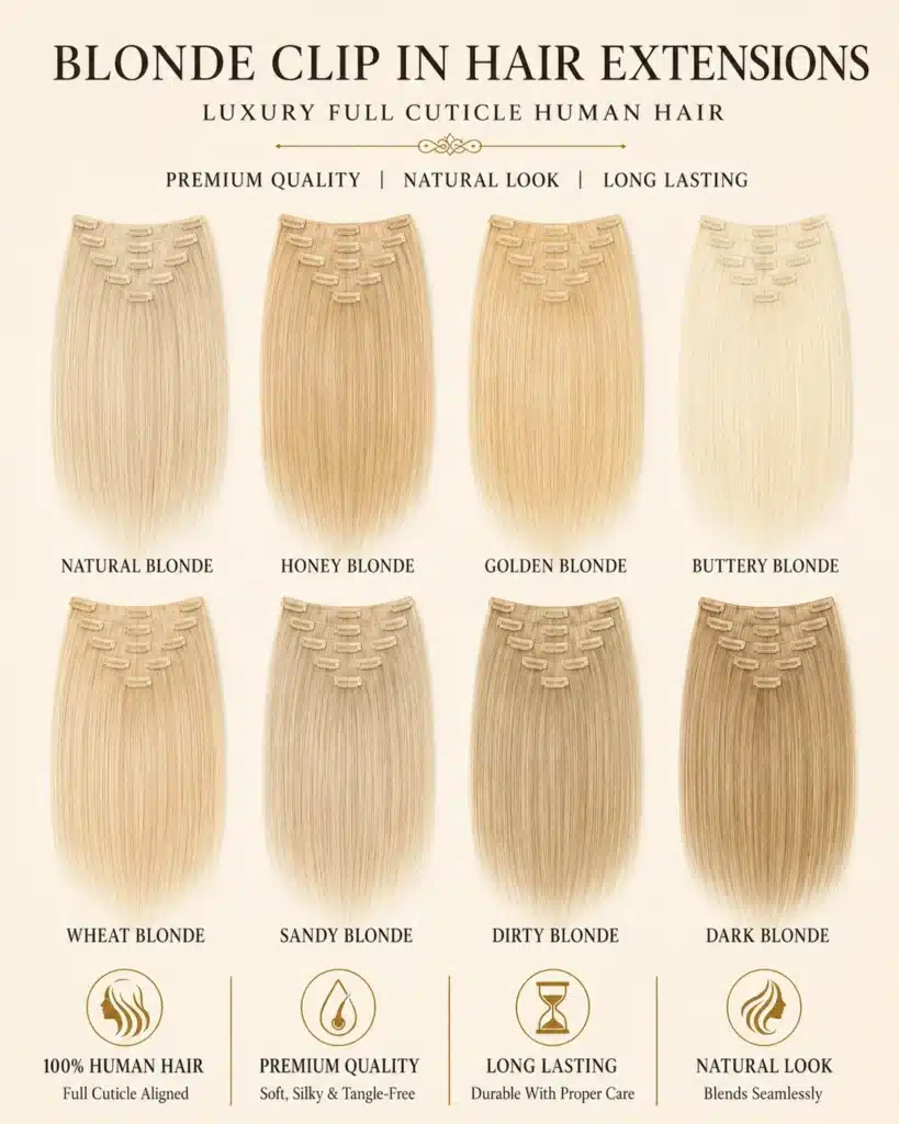 Blonde clip in hair extensions for shade matching