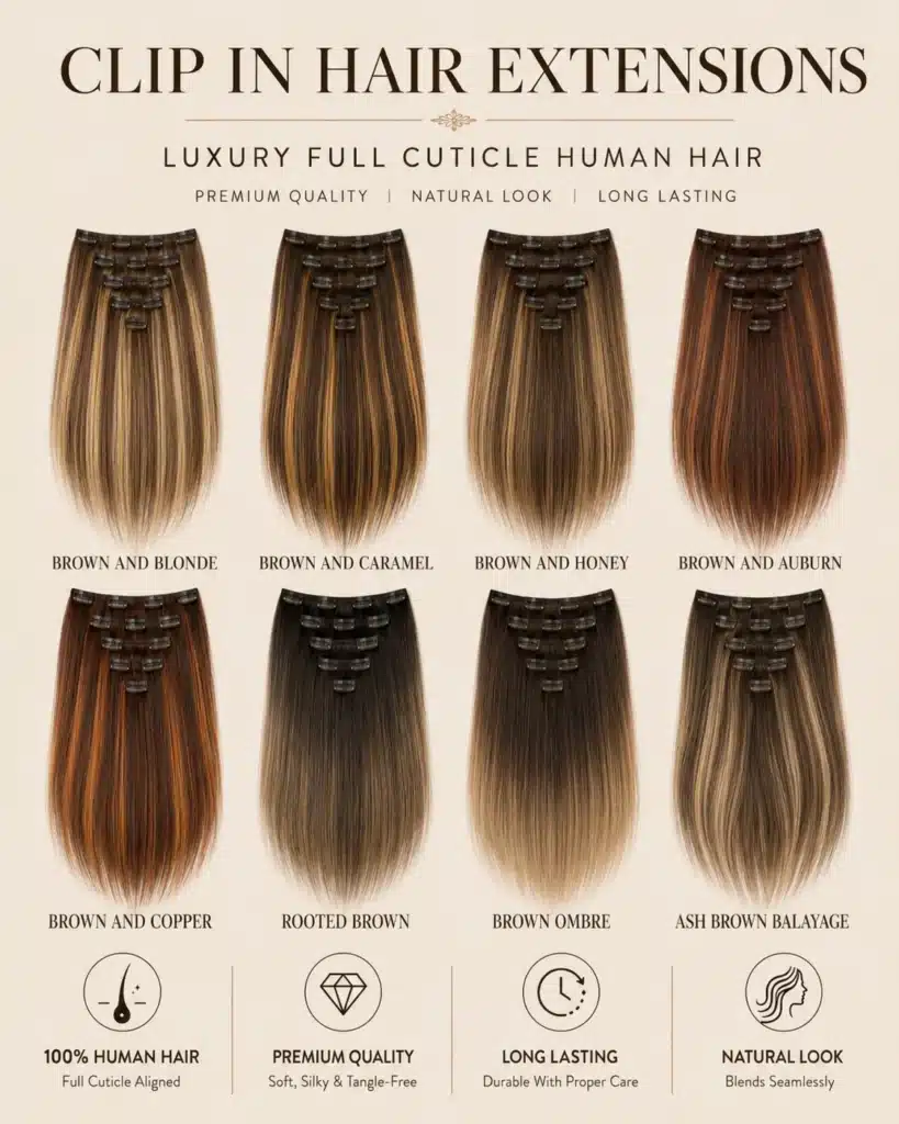 Brown clip in hair extensions for natural color blending