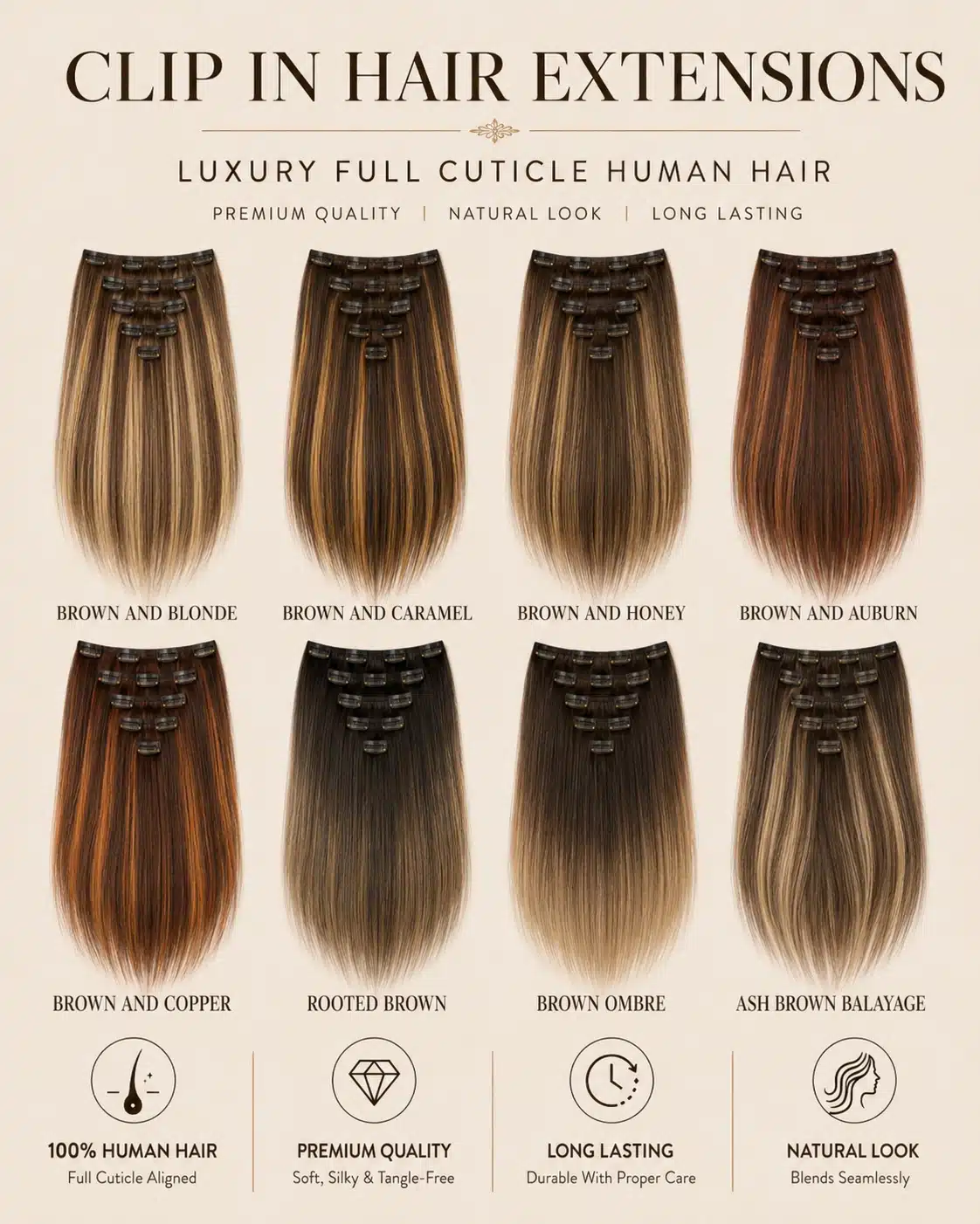 Brown clip in hair extensions for natural color blending