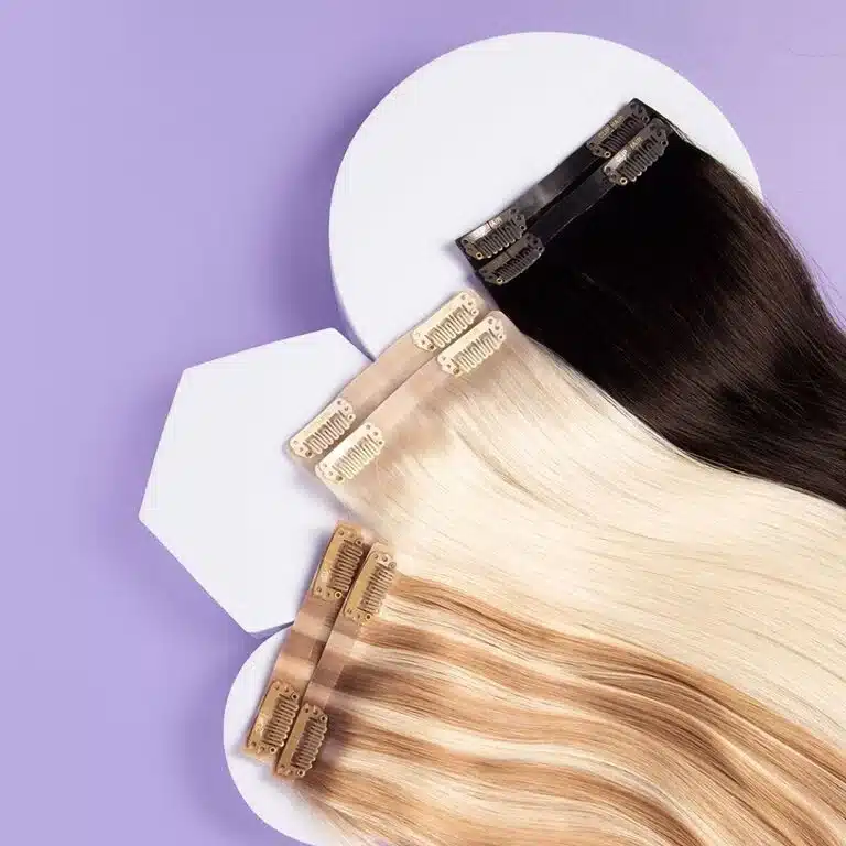 Natural looking clip in hair extension blend on medium brown hair