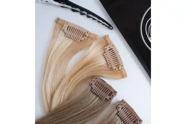 Close-up Weft Hair Extensions hair extensions showing product construction details