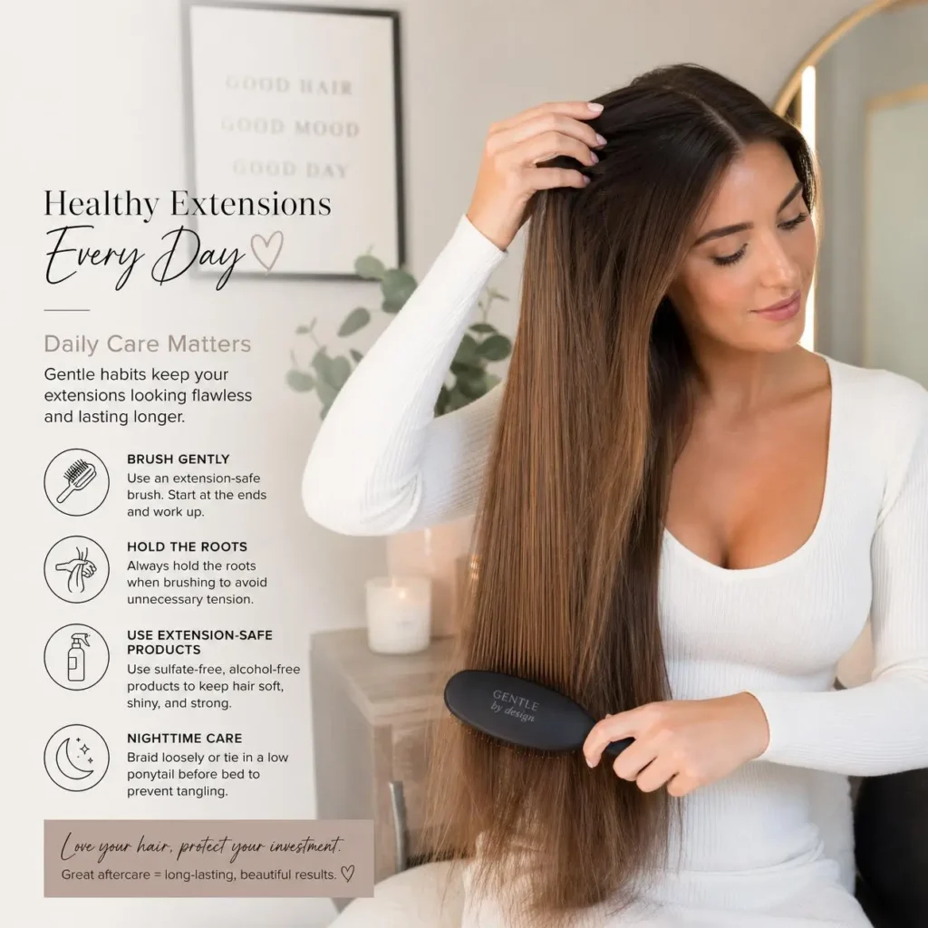 client brushing keratin hair extensions with proper aftercare