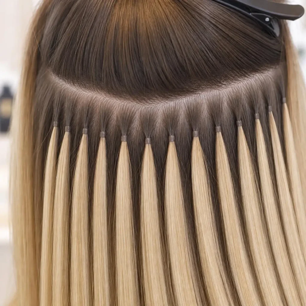 close up of keratin hair extension bonds near the roots