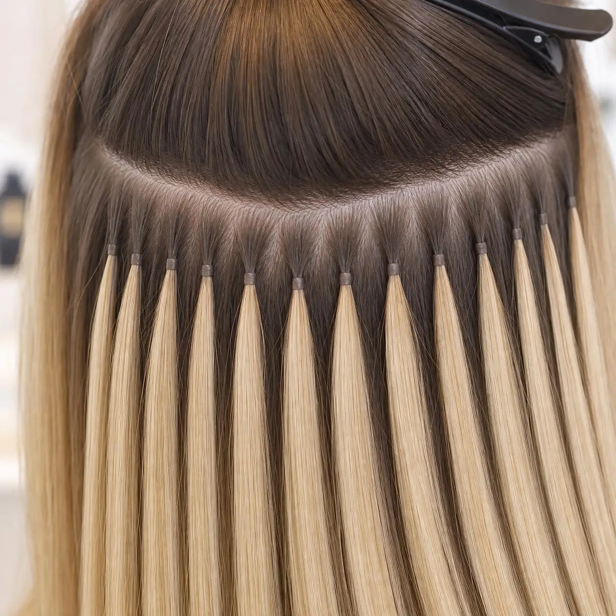 Keratin bonded K tip hair extensions shown in a product close-up