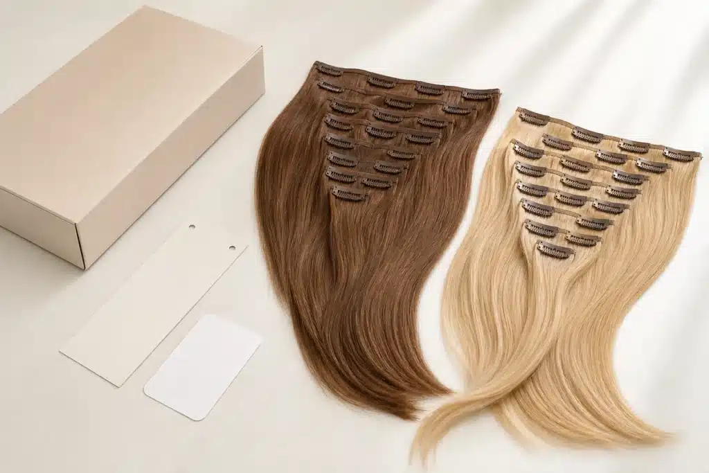 Unbranded box beside brown and blonde clip-in hair extension sets with visible clips.