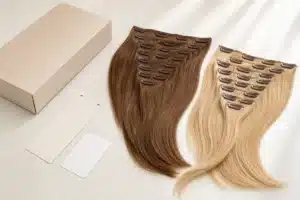 Unbranded box beside brown and blonde clip-in hair extension sets with visible clips.
