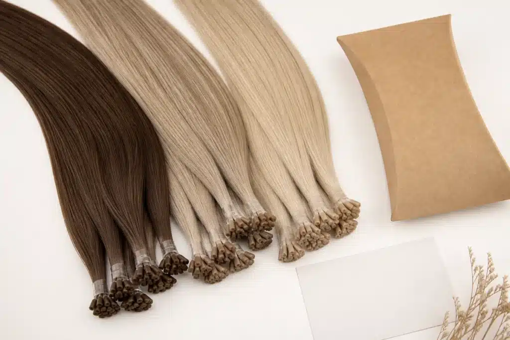 Brunette and blonde keratin bond extensions with unbranded packaging and a blank care card.