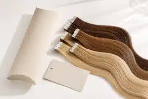 Unbranded sleeve beside brown and blonde tape-in hair extensions with visible adhesive tabs.