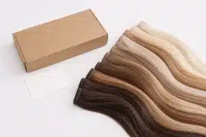 Unbranded kraft box beside blonde and brunette weft hair extensions for private-label planning.