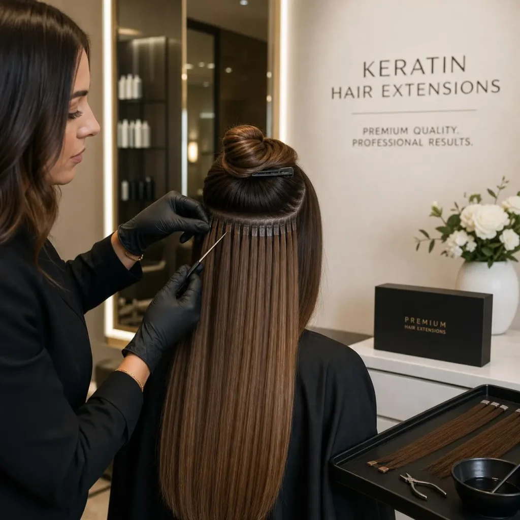 professional keratin hair extensions installation in salon