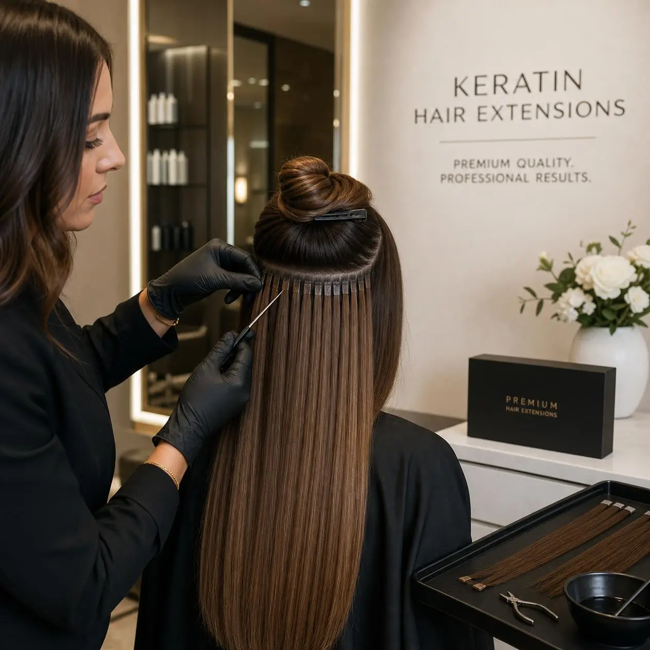 Professional stylist sectioning hair for a K tip extension installation