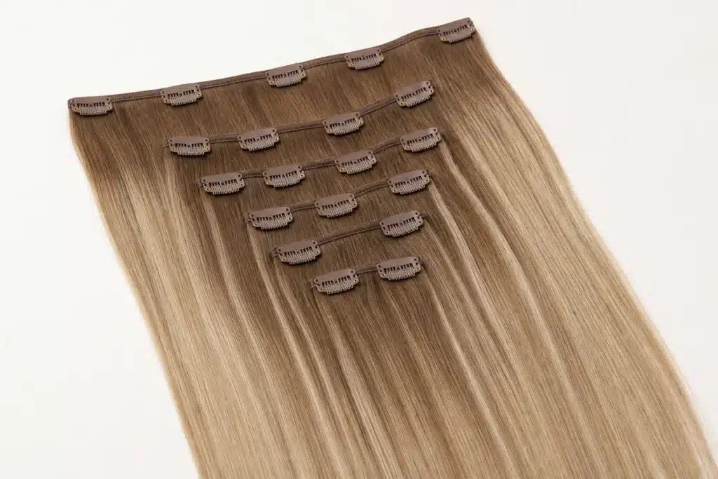 Warm-blonde clip-in human hair extension set with visible pressure clips on the wefts.