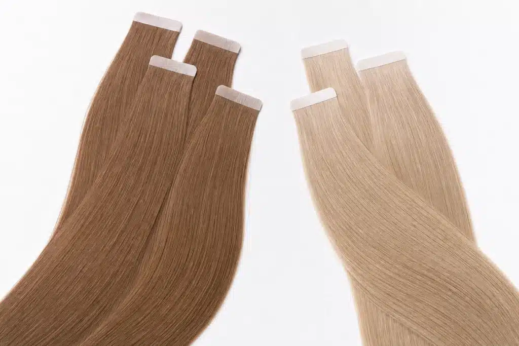 Brown and beige-blonde tape-in hair extensions arranged to show the adhesive tab finish.