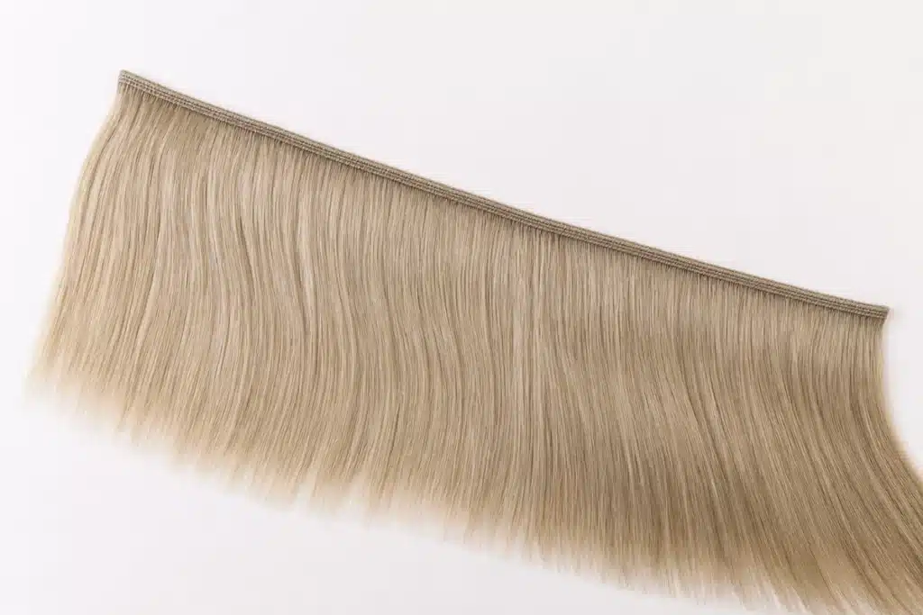 Ash-blonde human hair weft with a visible stitched seam for wholesale sample testing.