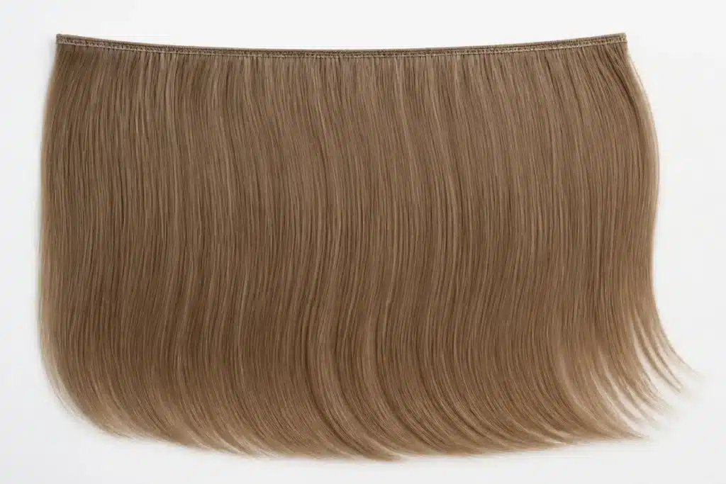 Single ash-brown hair weft with visible stitched seam and smooth aligned strands.