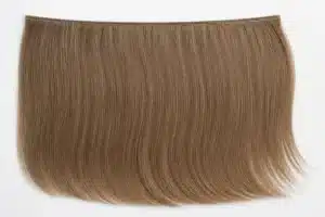 Single ash-brown hair weft with visible stitched seam and smooth aligned strands.