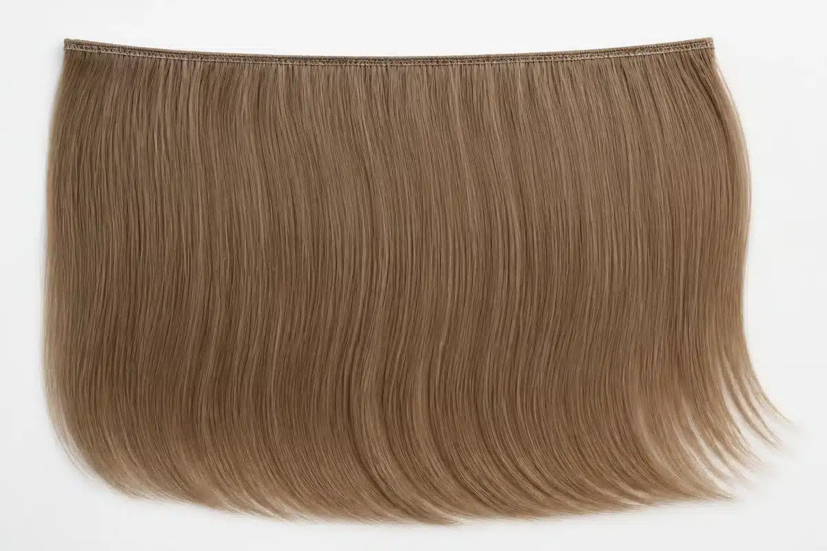Single ash-brown hair weft with visible stitched seam and smooth aligned strands.