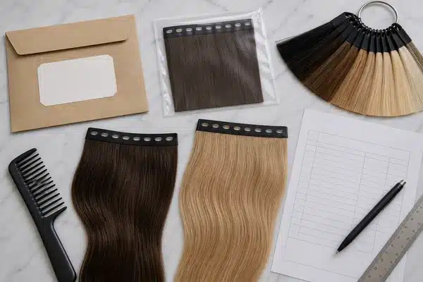 Labeled butterfly weft sample tested before a wholesale hair extension order