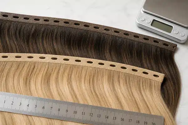 Butterfly weft human hair extensions checked for construction, weight, and end density