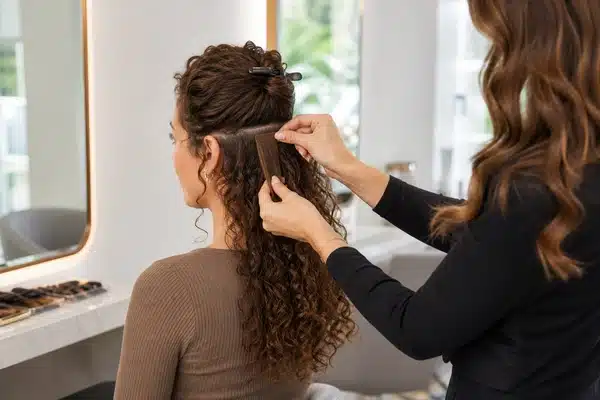 Curly hair and tape tab placement considered around the salon parting