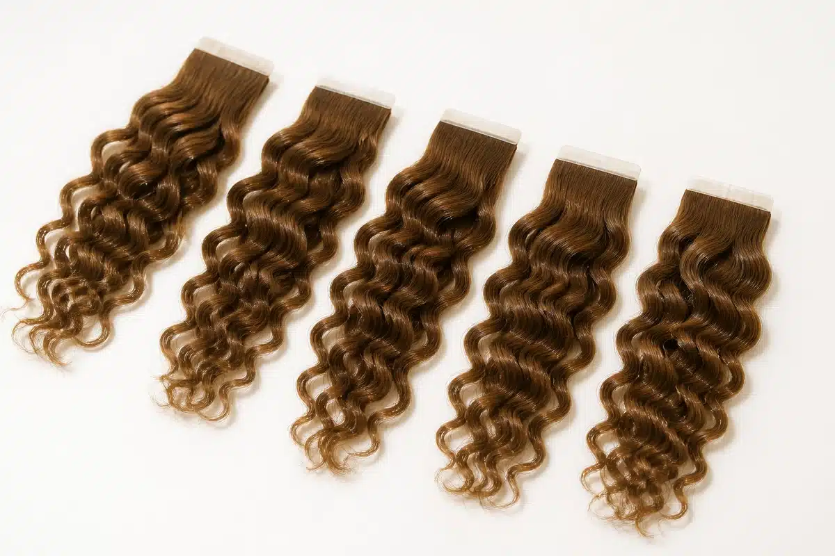 Loose-curly brown tape in extension pieces arranged on a clean studio surface.