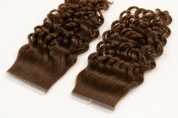 Curly tape in hair extension sample shown for texture and tab review