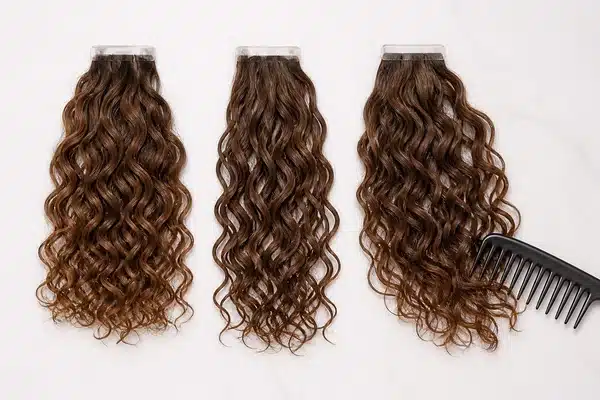 Curly tape in hair extensions checked after washing and air drying