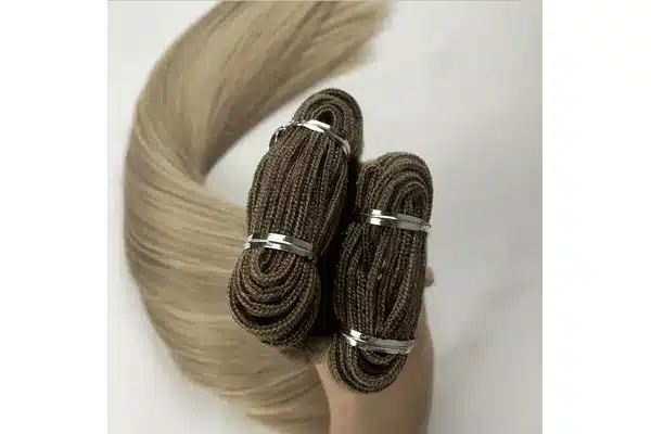 Double weft hair extension seam shown for thickness and flexibility comparison
