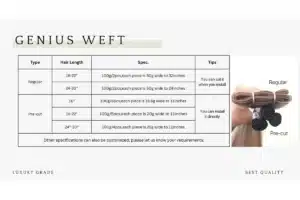 Low-profile weft construction information displayed beside a hair weft sample.