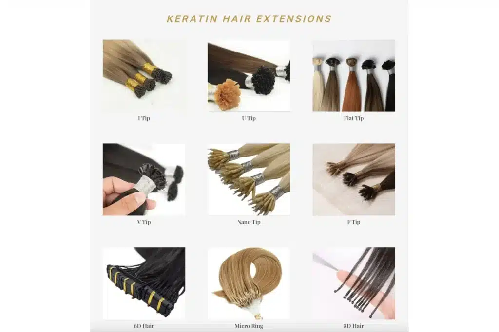 Keratin bond extension strands arranged in several salon shades for supplier review.