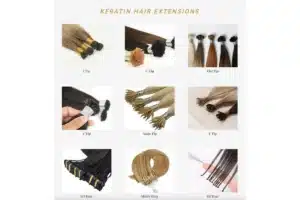 Keratin bond extension strands arranged in several salon shades for supplier review.