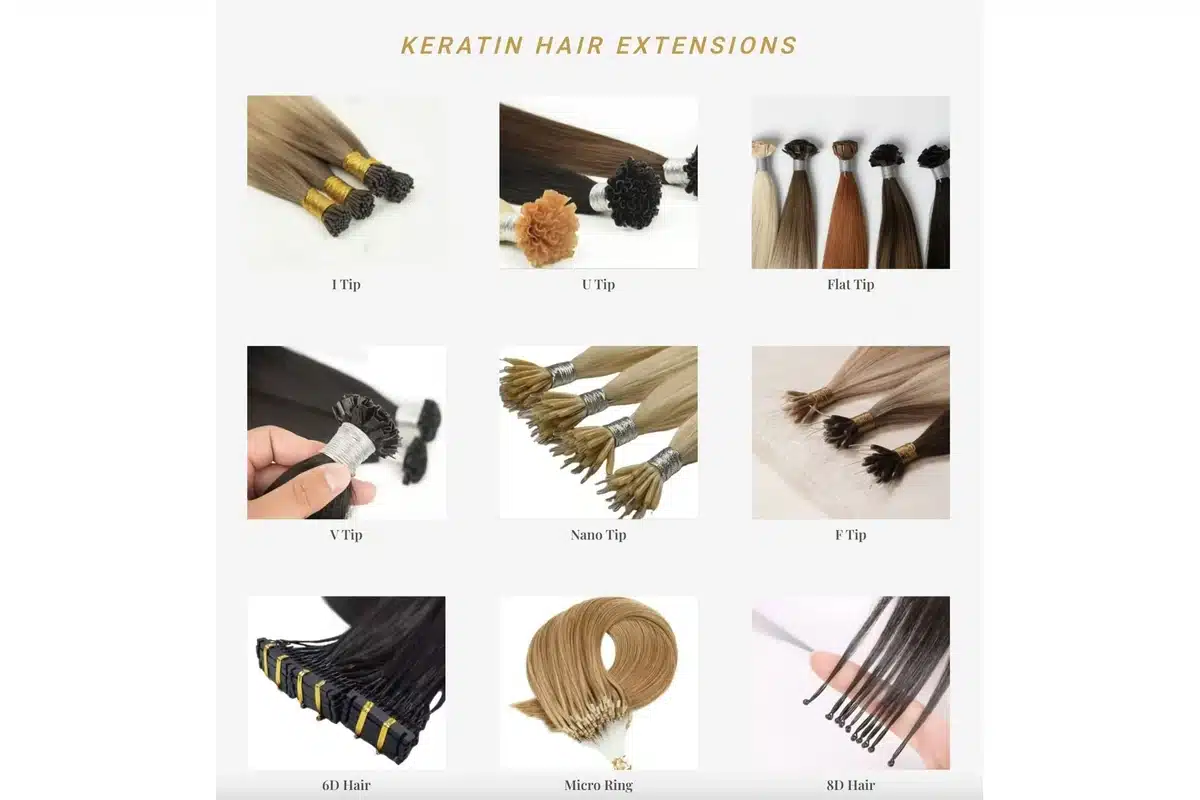 Keratin bond extension strands arranged in several salon shades for supplier review.