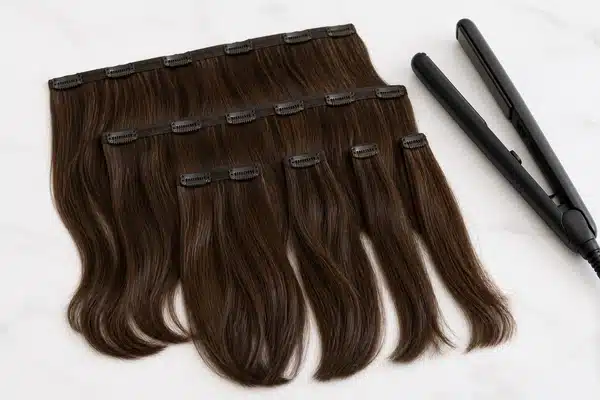 Synthetic fashion color and human hair clip in sets shown for retail positioning