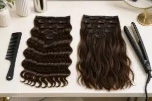 Synthetic and human hair clip in extension sets arranged side by side for comparison.