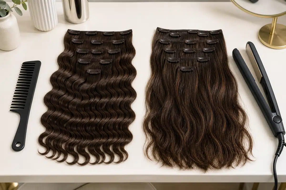 Synthetic and human hair clip in extension sets arranged side by side for comparison.