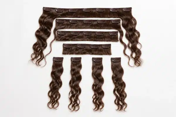 Human hair and synthetic clip in extension pieces compared side by side