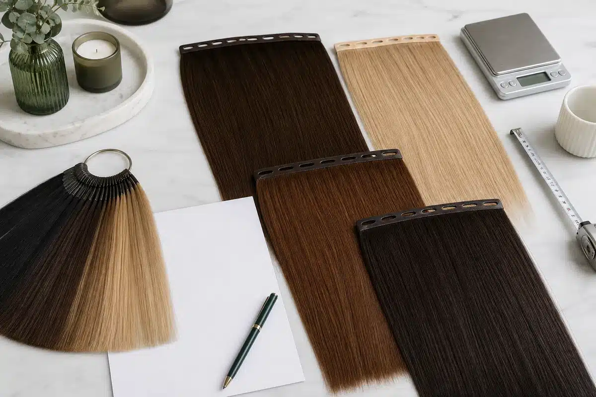 Butterfly weft hair extensions arranged with a color ring and buyer specification sheet