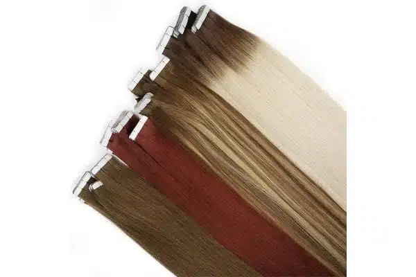 Assorted tape in hair shades prepared for ombre color selection