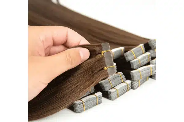A hand holding warm brown tape in extension panels with their attachment edges visible.